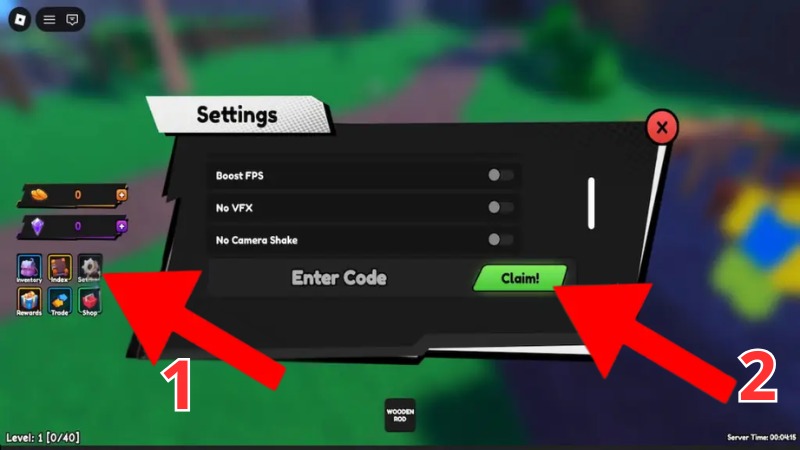 Titan Fishing redeem codes screen in Roblox: Settings and Enter Code section